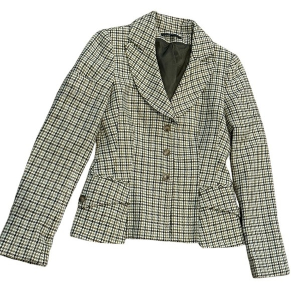 David Meister women’s brown tan green Houndstooth Plaid Wool snap Blazer size 2